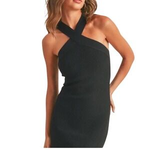 Babaton Black Ribbed Knit Halter Neck Mini Dress Size S